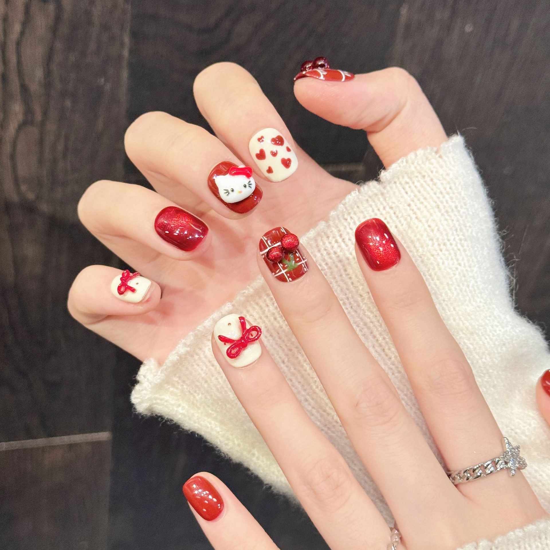 Nail Art Fake - 10PCS Handmade Nail Art Red White