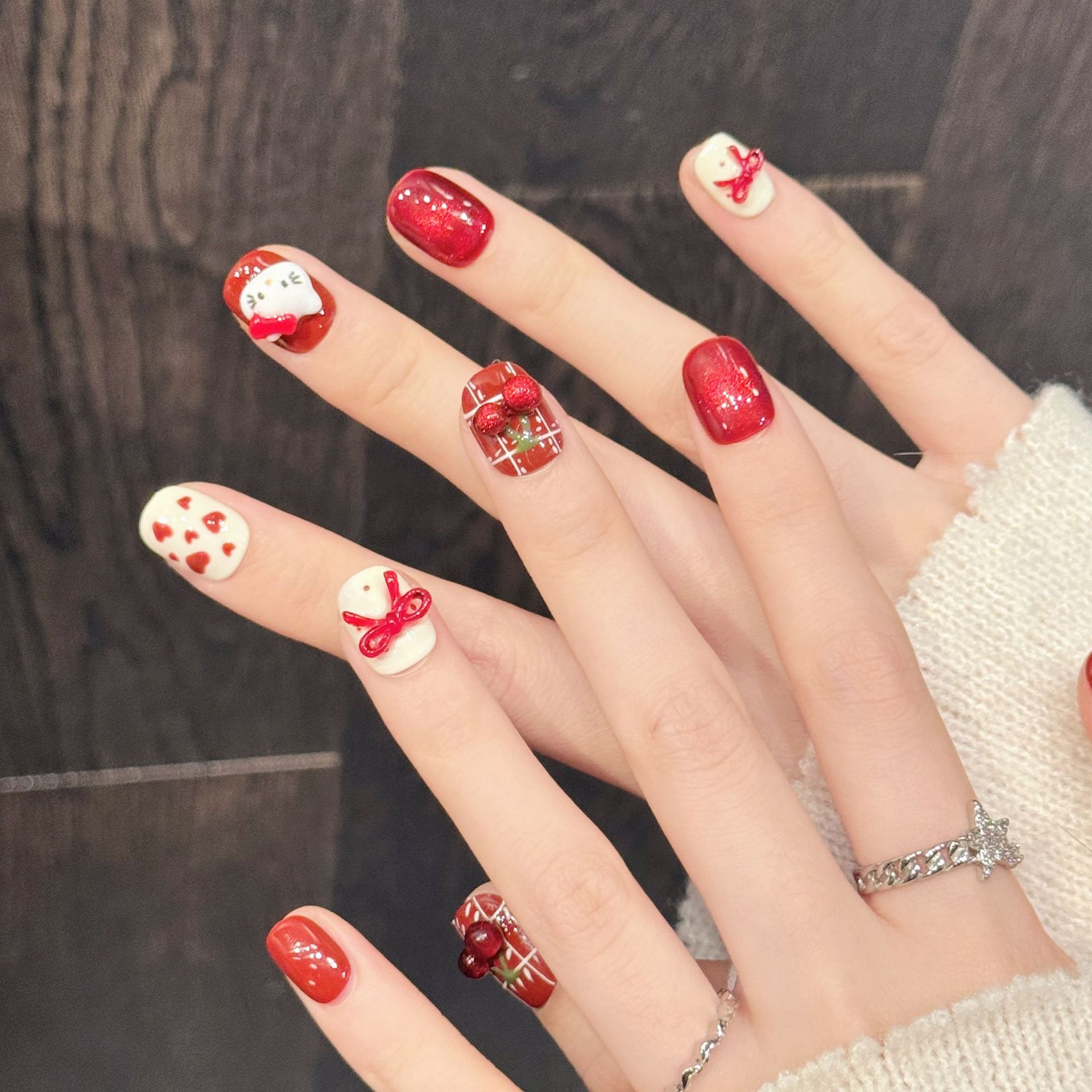 10PCS Handmade Nail Art Red Wh - Nail Art Fake review and price