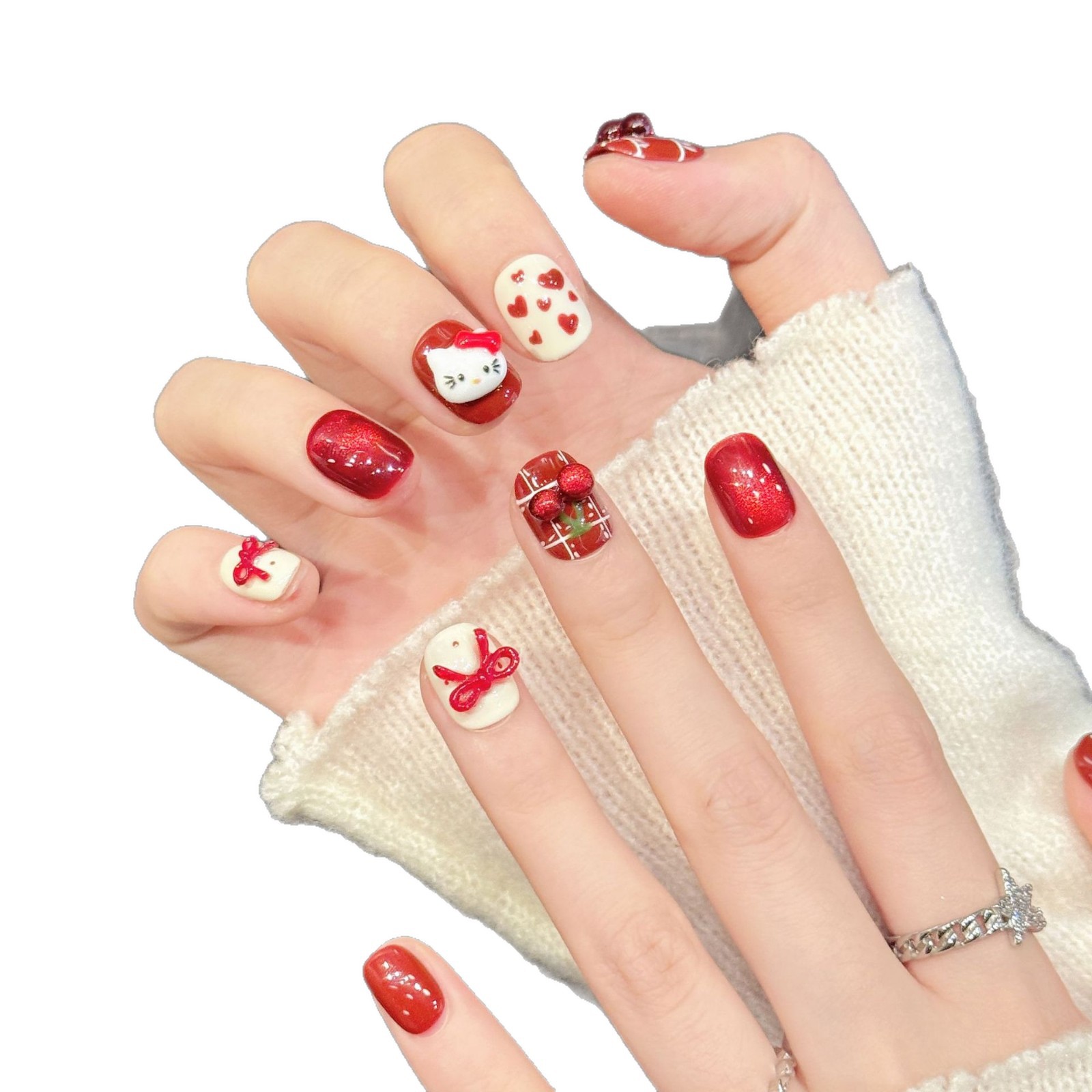 10PCS Handmade Nail Art Red Wh - Nail Art Fake review and price